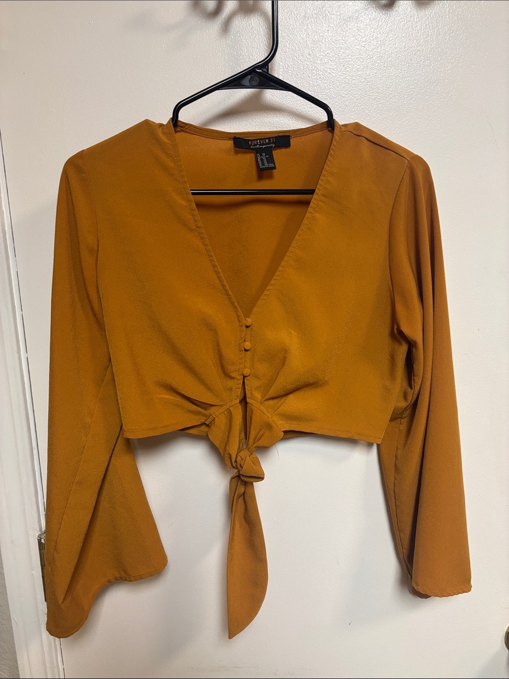 Forever 21 Mustard Tie-Front Long Sleeve Crop Top
